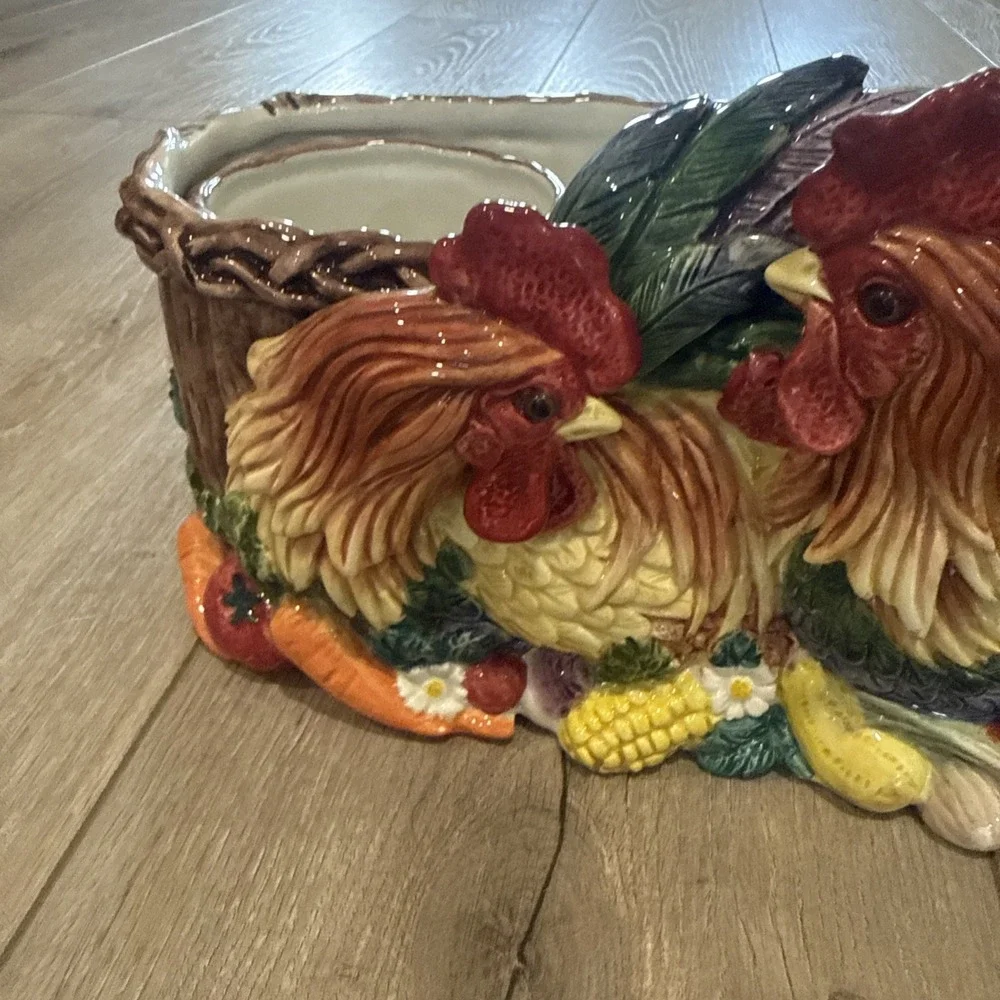 RARE Vintage Fitz and Floyd Coq‎ Du Village Rooster 2 Herb Pots and Tray Planter